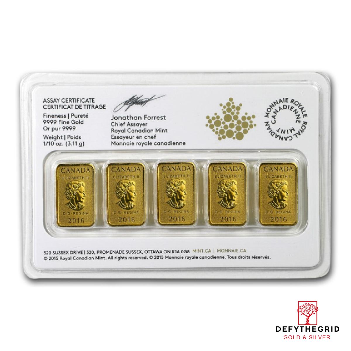 1/2 OZ CANADIAN GOLD 5 X 1/10 OZ BAR PACK Reverse product photo