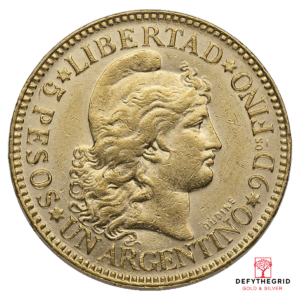 ARGENTINO 5 PESO GOLD COIN (1881-1896 DATES) Obverse product photo