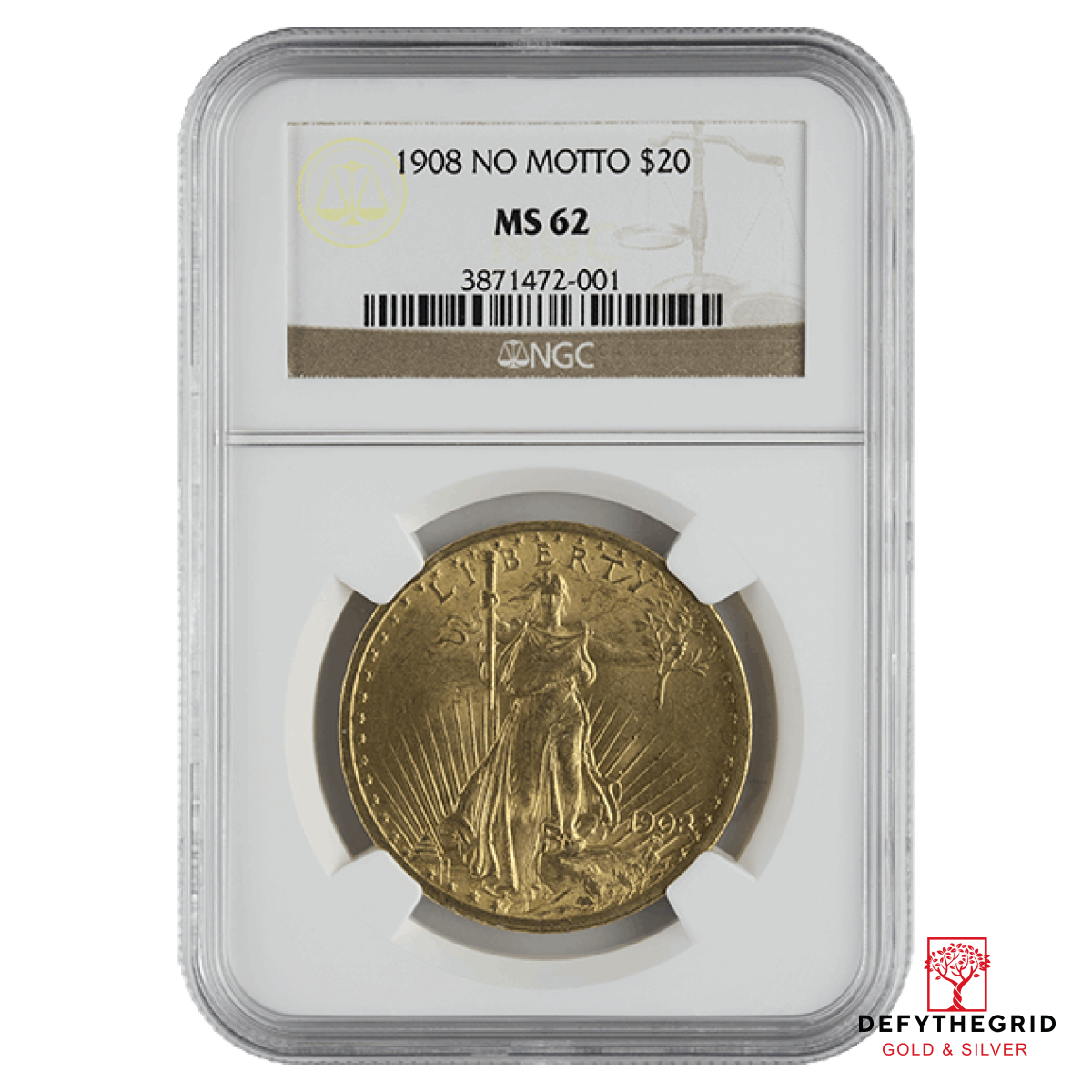 $20 U.S. GOLD SAINT NGC 62 NO MOTTO Obverse product photo