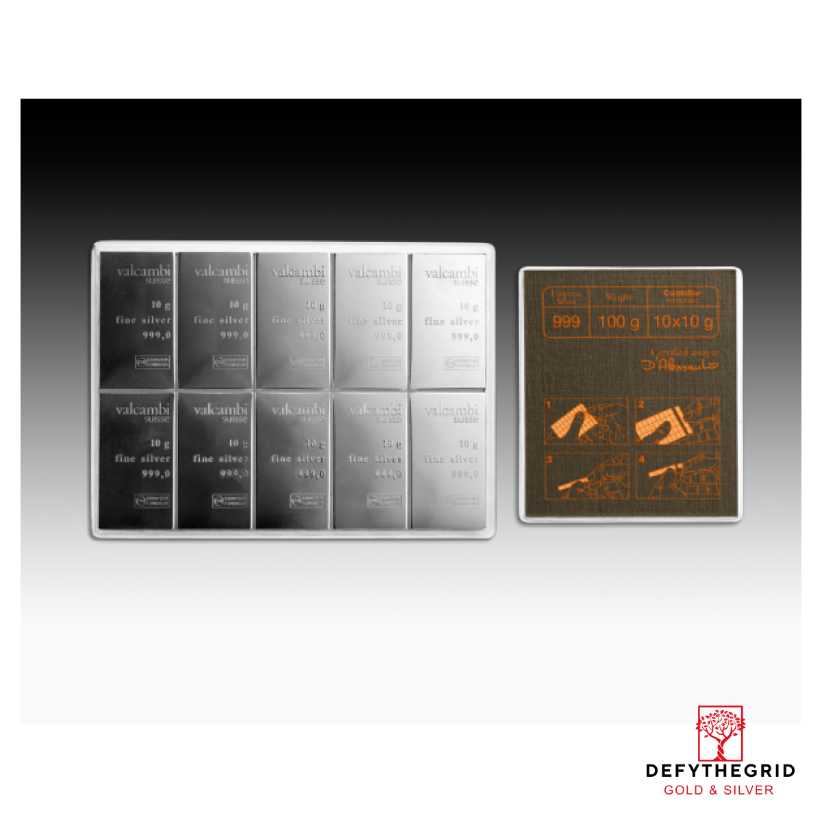 100 GRAM SILVER COMBI BAR VALCAMBI 10 x 10 Reverse product photo