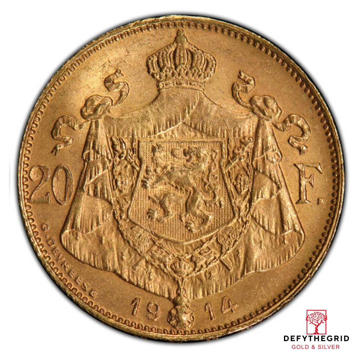 20 FRANC BELGIUM GOLD COIN ALBERT I Reverse product photo