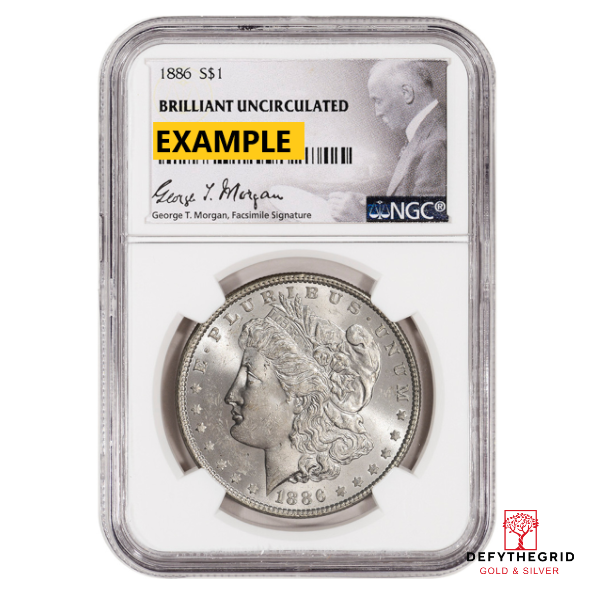 1886 MORGAN SILVER DOLLAR NGC BU G.T. MORGAN LABEL Obverse product photo