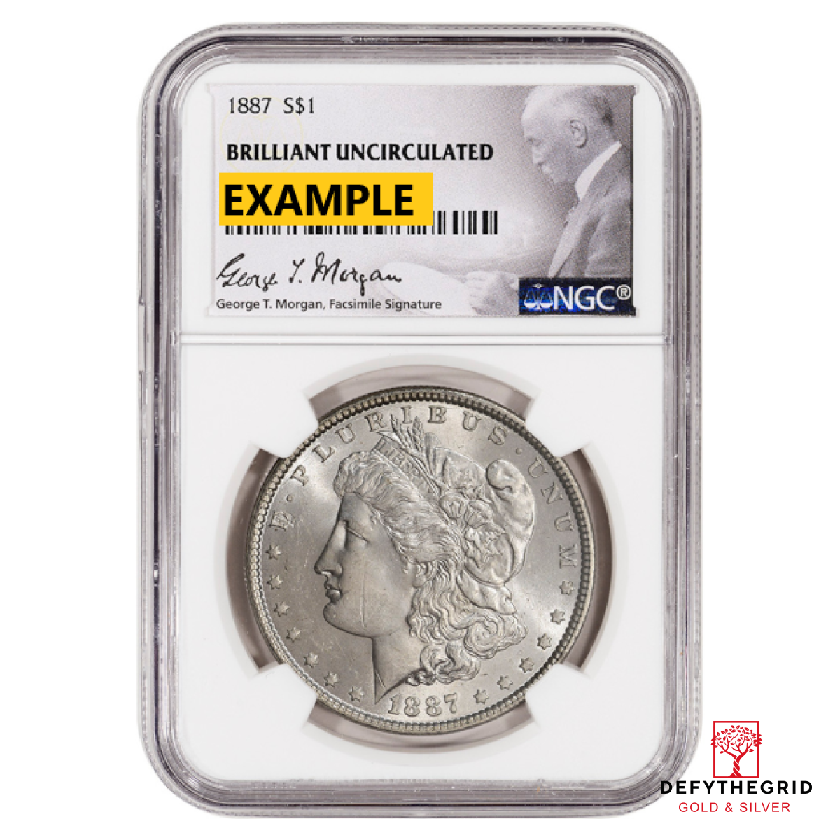 1887 MORGAN SILVER DOLLAR NGC BU G.T. MORGAN LABEL Obverse product photo