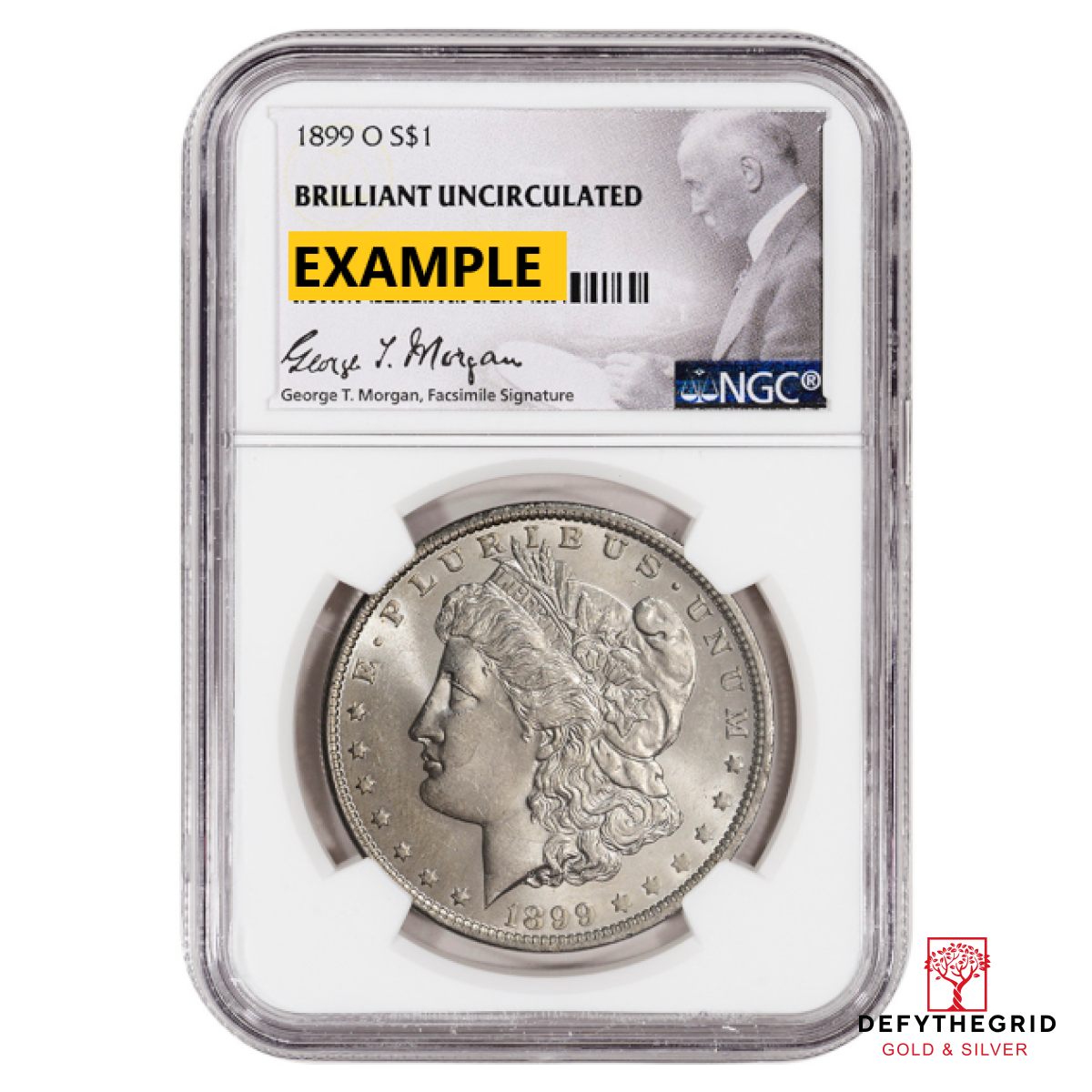 1899-O MORGAN SILVER DOLLAR NGC BU G.T. MORGAN LABEL Obverse product photo