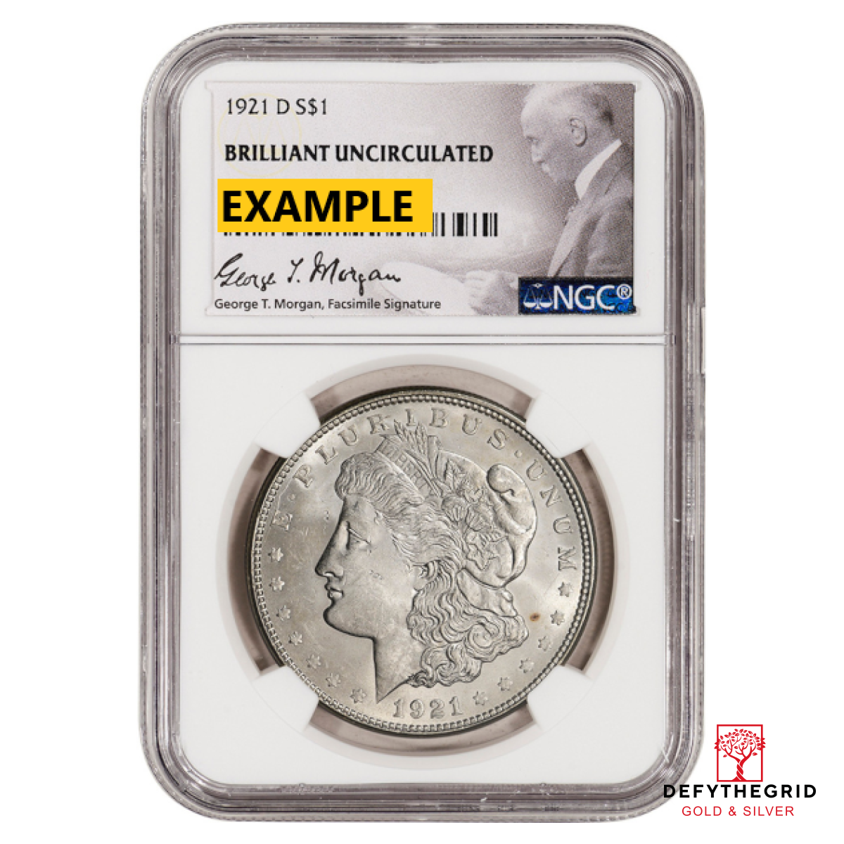 1921-D MORGAN SILVER DOLLAR NGC BU G.T. MORGAN LABEL Obverse product photo