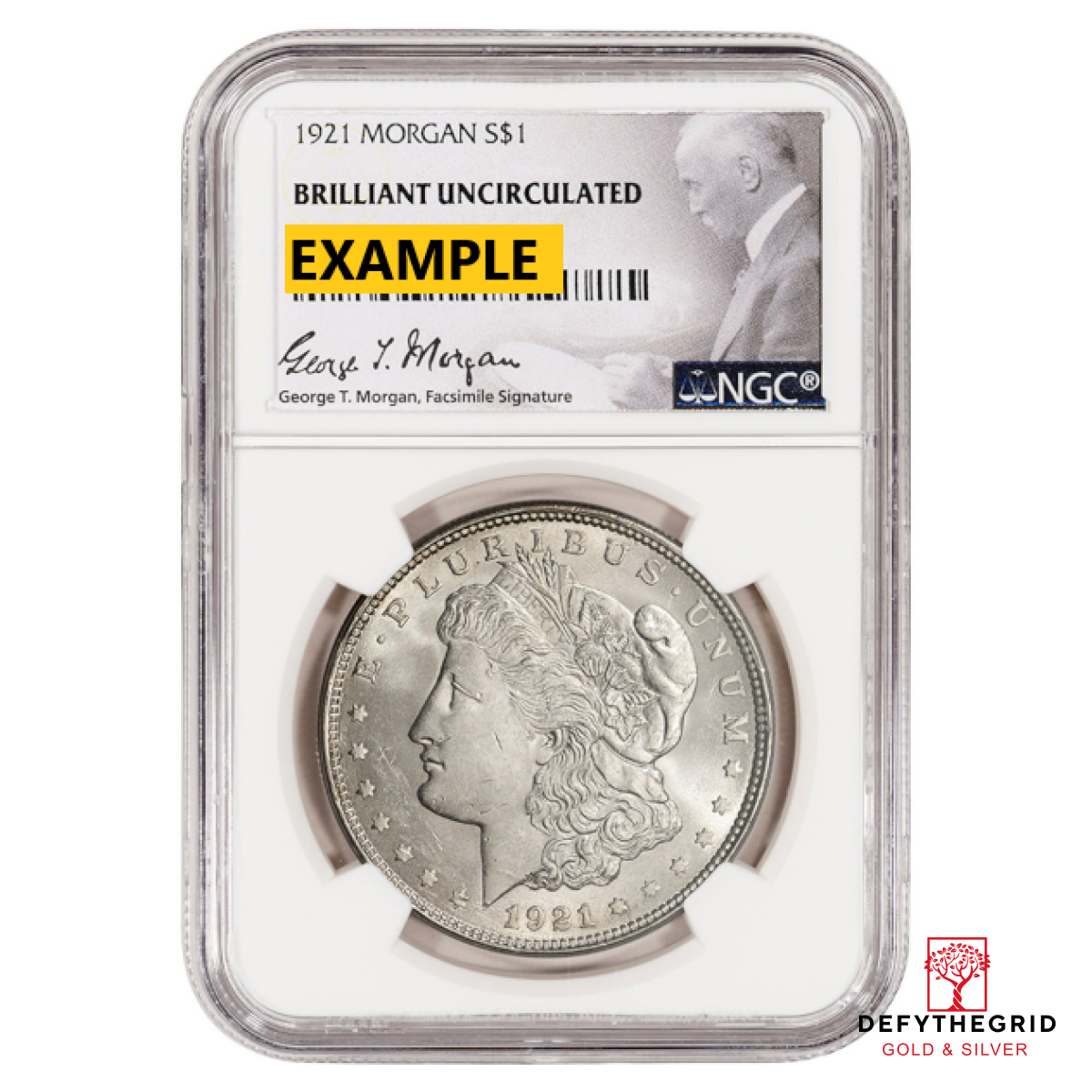 1921 MORGAN SILVER DOLLAR NGC BU G.T. MORGAN LABEL Obverse product photo