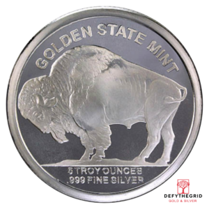 5 OZ SILVER ROUND BUFFALO DESIGN GOLDEN STATE MINT Reverse product photo